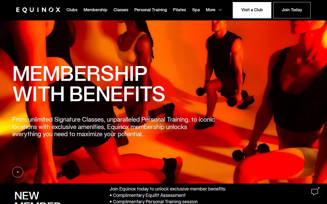 Equinox member benefits page listing complimentary sessions and exclusive amenities