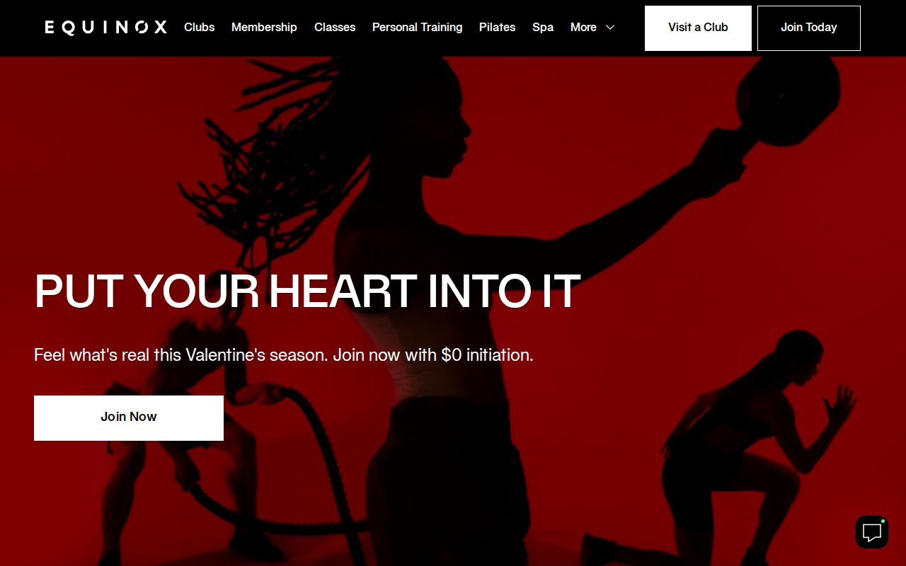Equinox homepage with cinematic red hero image and 'Put Your Heart Into It' headline