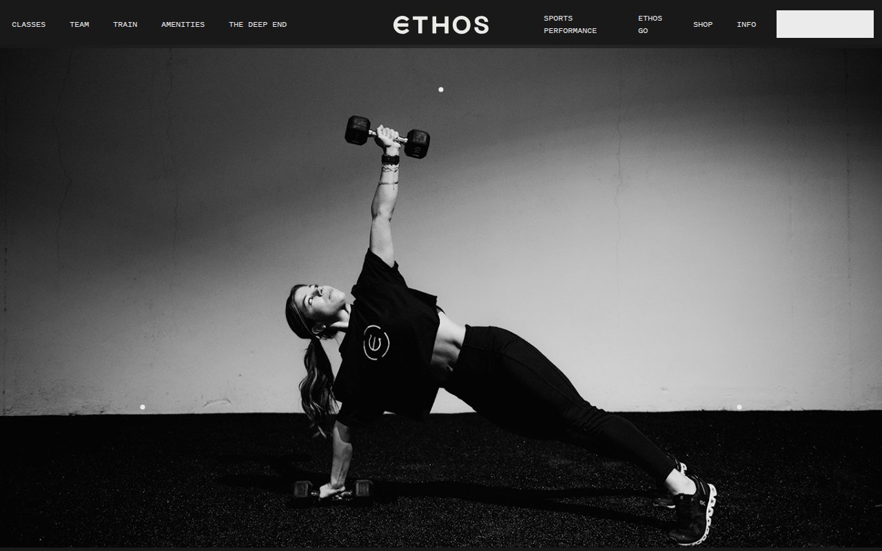 Ethos Athletic Club homepage with dark aesthetic and 'Born From Resolve' headline