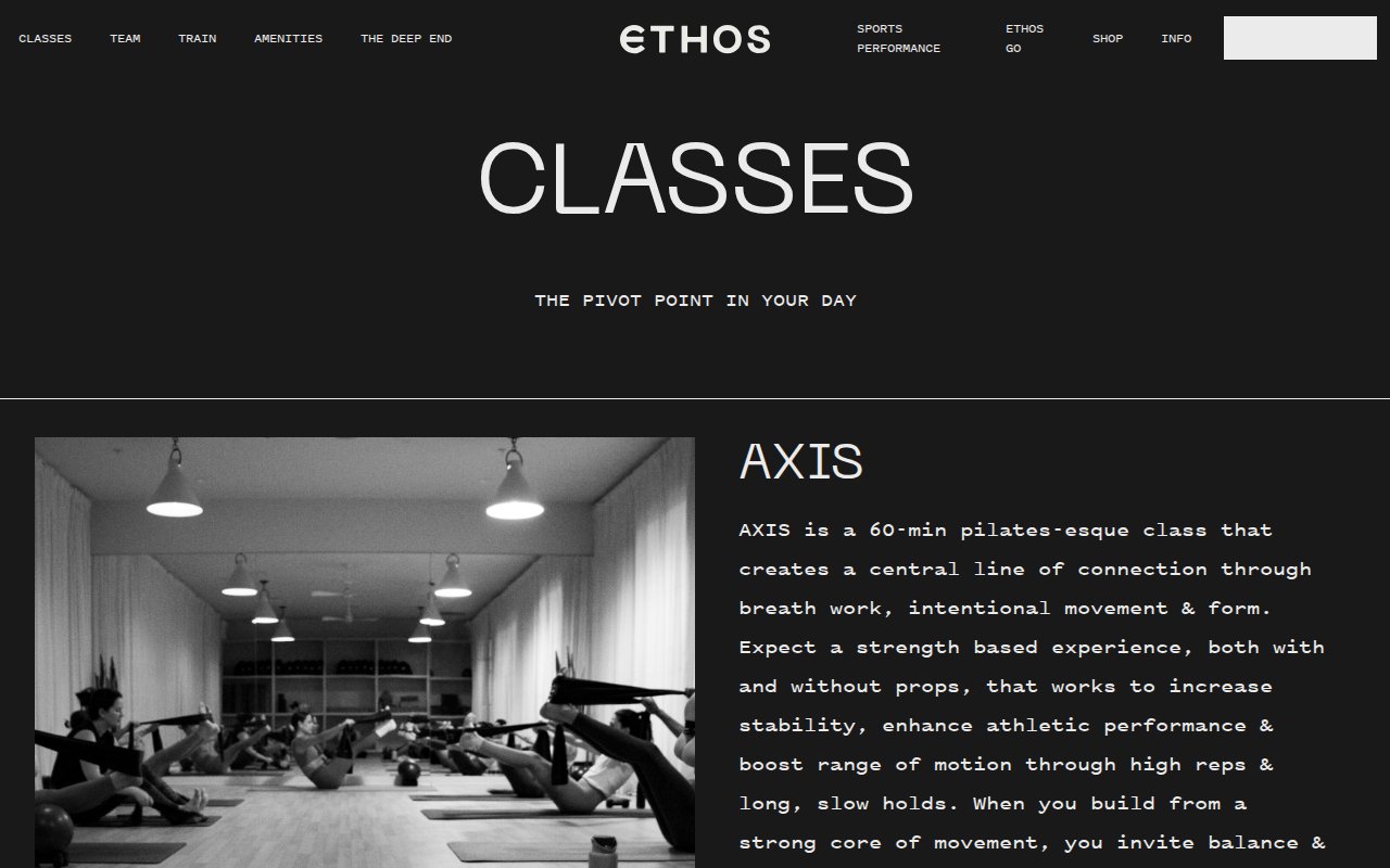 Ethos Athletic Club classes page showing AXIS and EDGE class descriptions