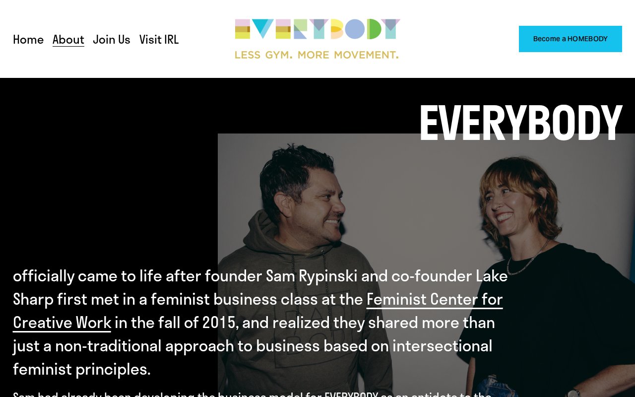 EVERYBODY about page with founder Sam Rypinski and Lake Sharp's story