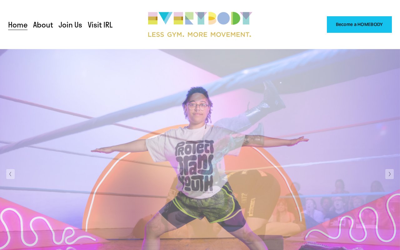 EVERYBODY gym homepage with 'BE A BODY' marquee and inclusive messaging