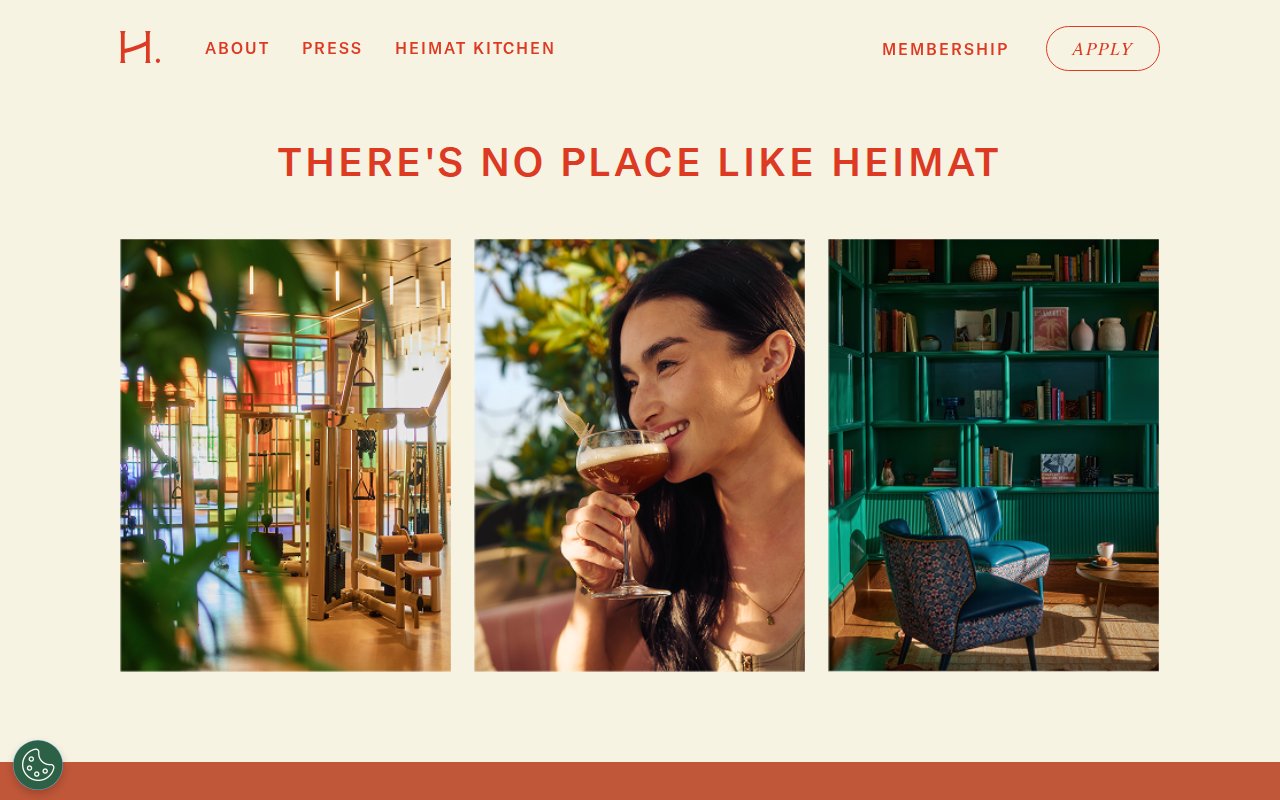HEIMAT about page explaining German concept of Heimat and 75,000 sqft club