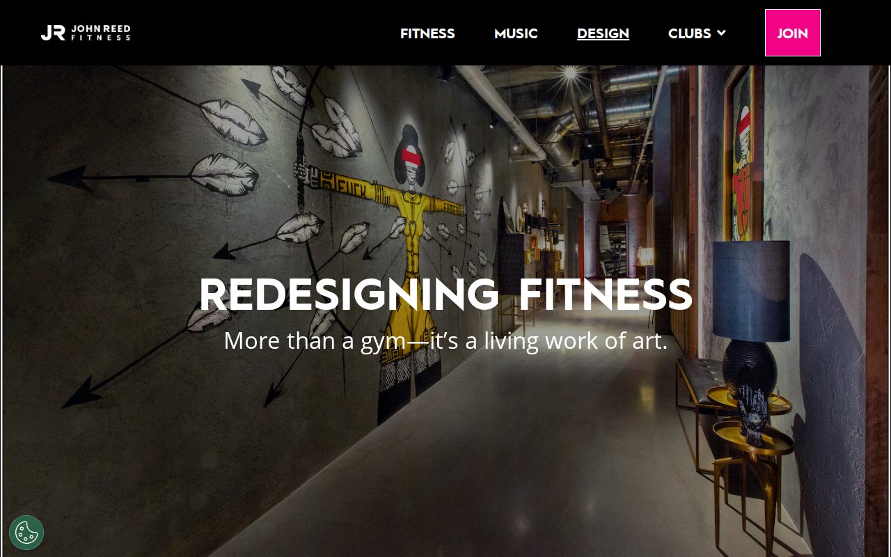 JOHN REED design page showing 'Redesigning Fitness' concept with art-filled interiors