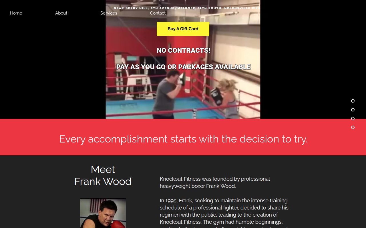 Knockout Fitness about section showing Meet Frank Wood, founder and retired professional boxer, with No Contracts message