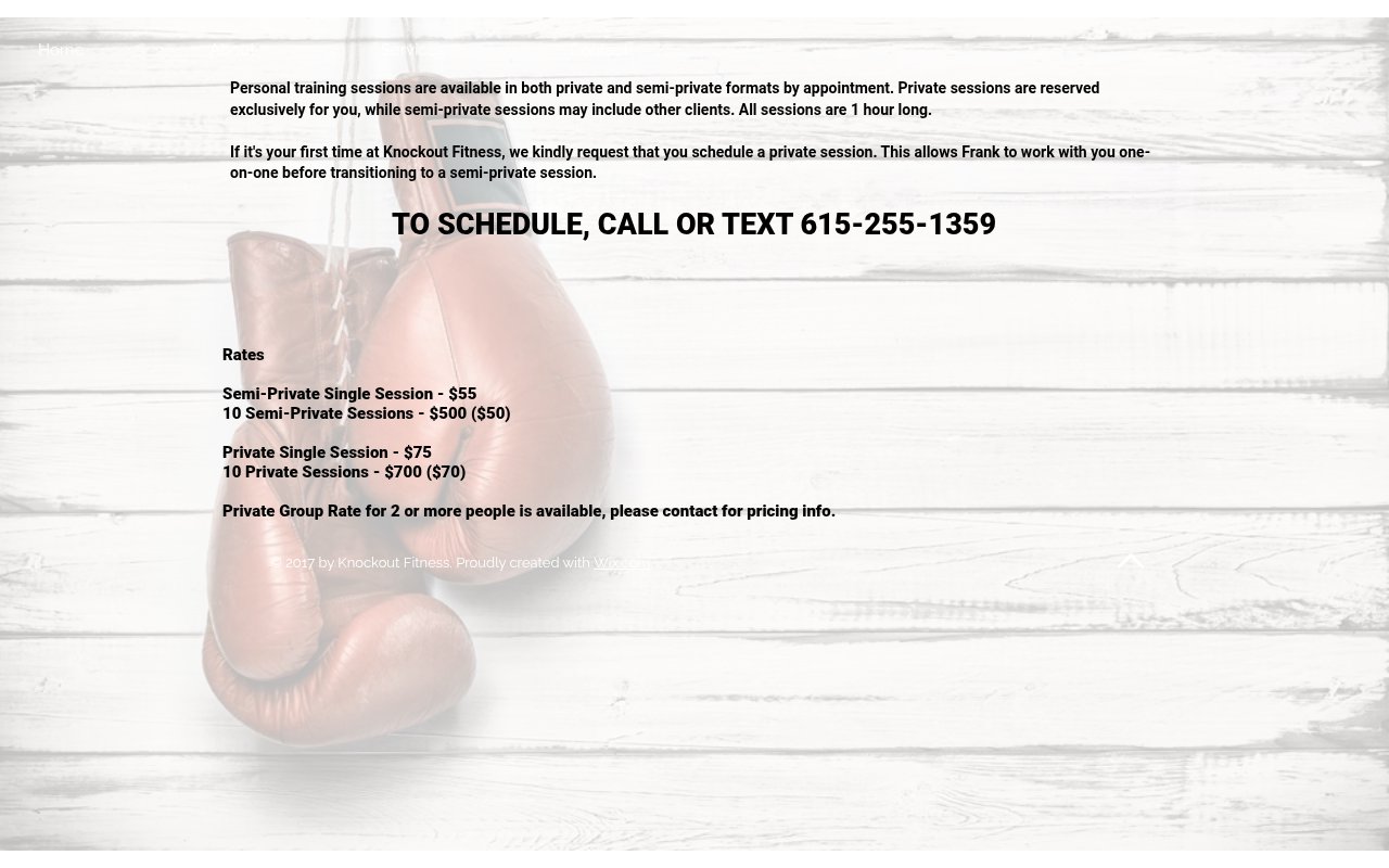 Knockout Fitness personal training rates page with transparent pricing from $55 to $75 per session