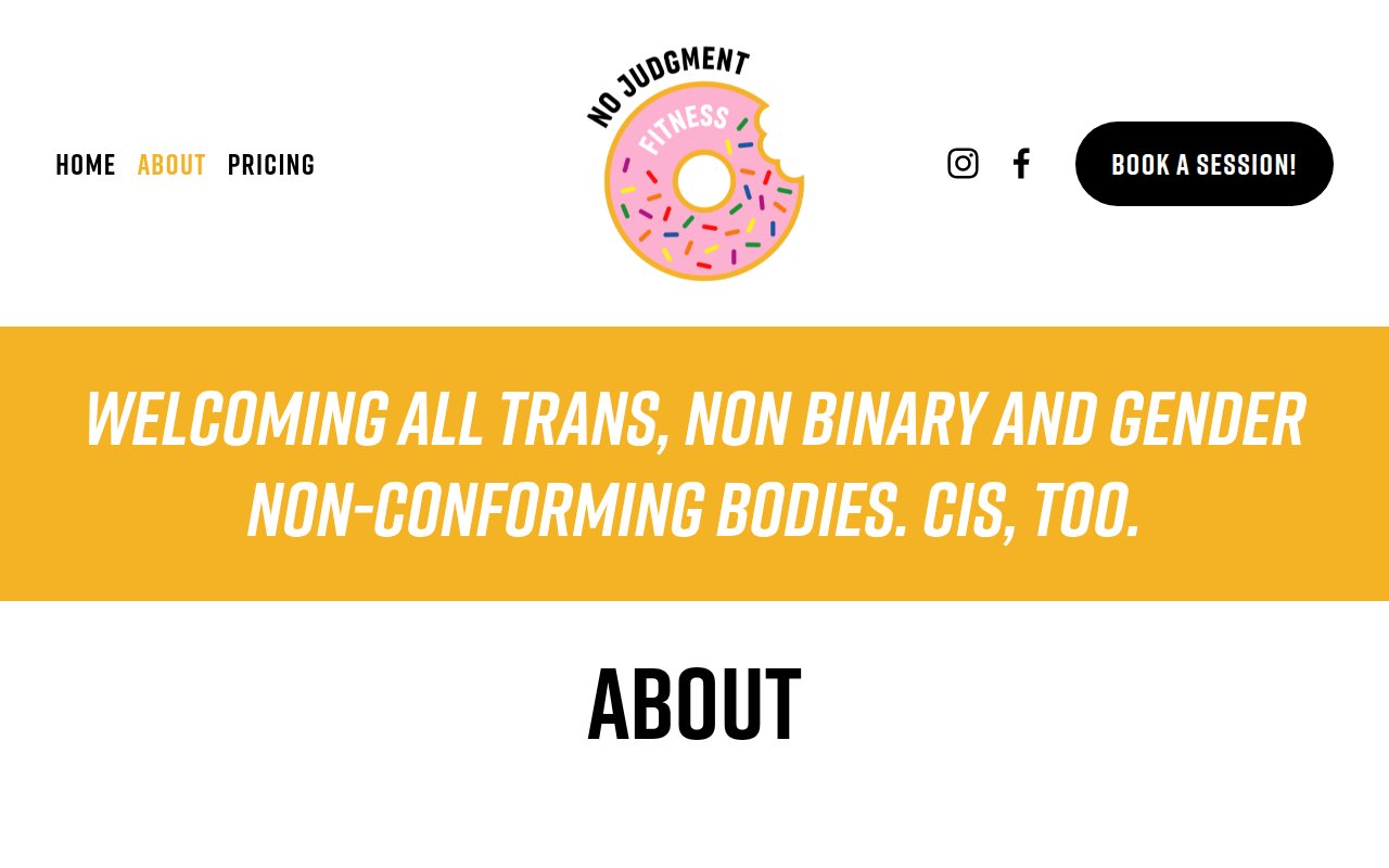 No Judgment Fitness about page with yellow inclusive banner and owner photo