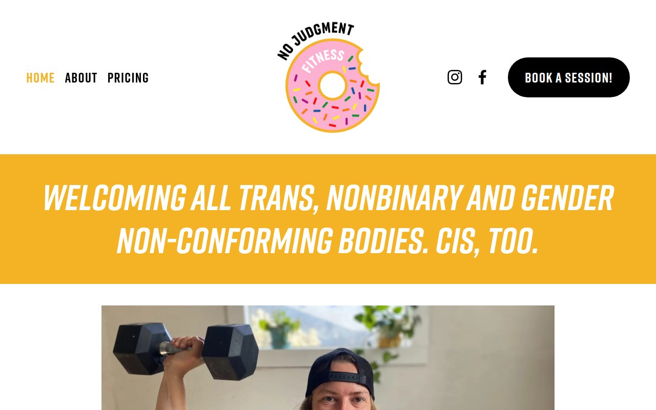 No Judgment Fitness homepage with donut logo, yellow inclusive banner, and BOOK A SESSION CTA