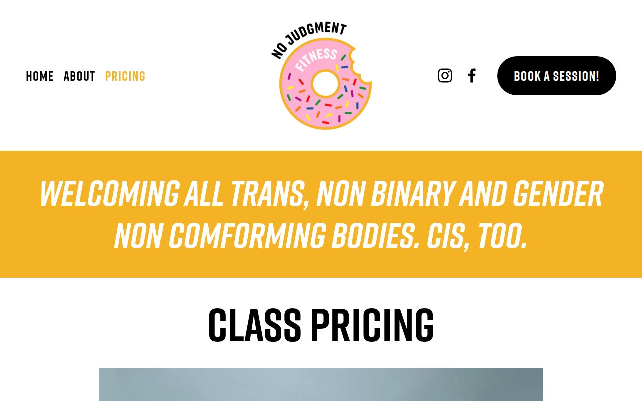 No Judgment Fitness class pricing page showing classes named Baseline, Benchmark, Lesbian Arms, and Oh My God Why