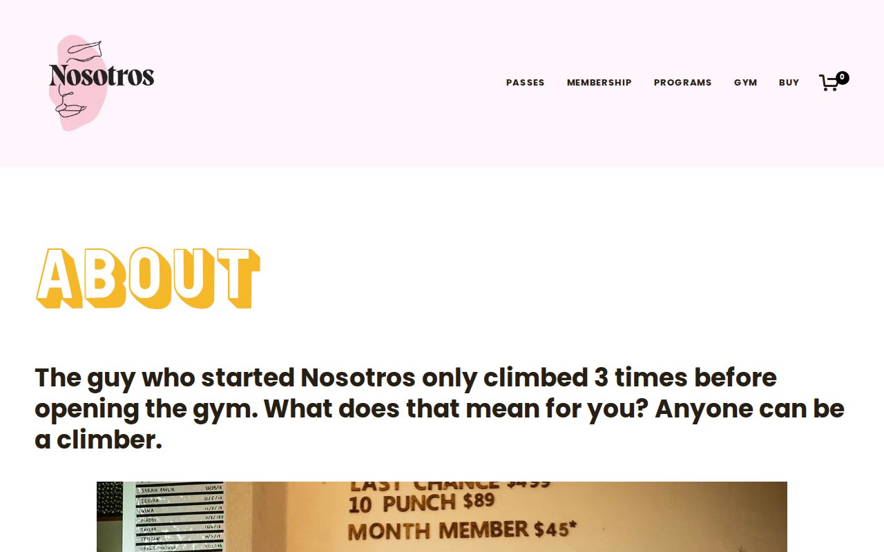 Nosotros about page with founder story and community mission