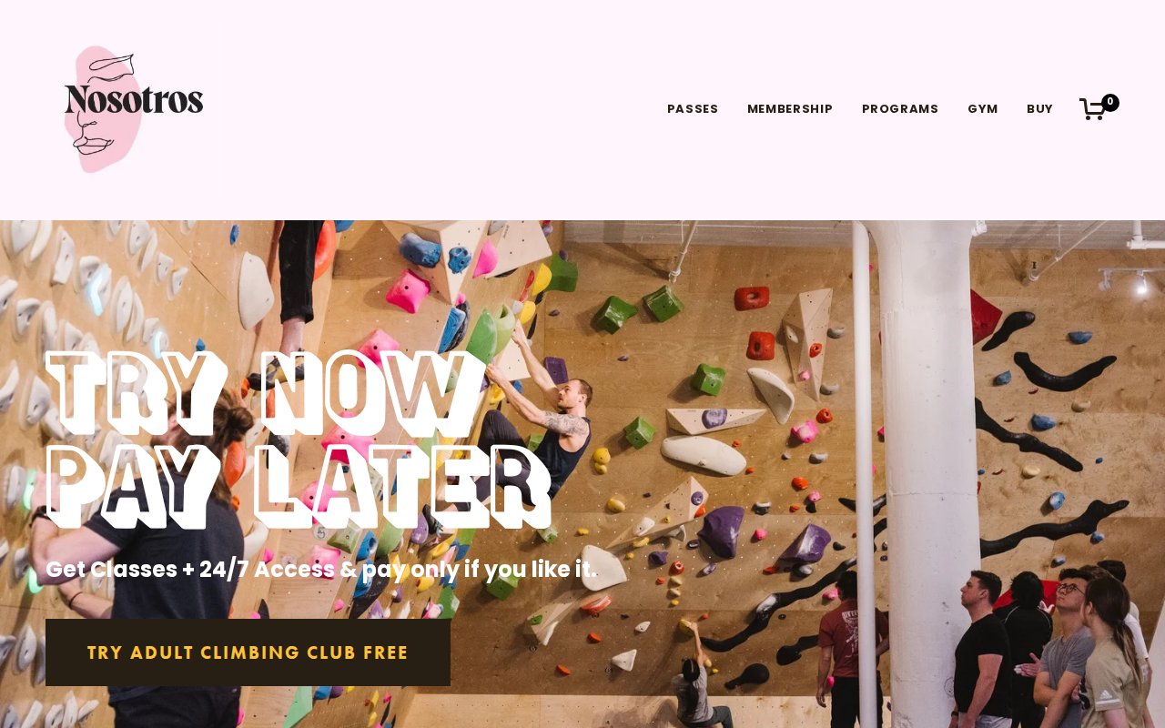 Nosotros climbing gym homepage with 'Try Now Pay Later' hero and climbing wall photo