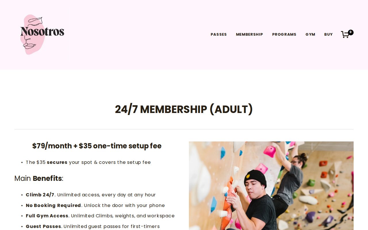 Nosotros 24/7 membership page showing $79/month pricing and benefits list