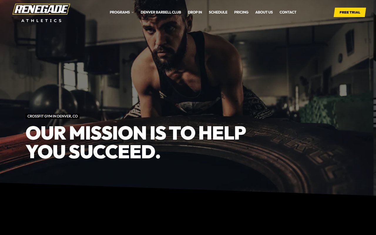 Renegade Athletics about page with 'Our mission is to help you succeed' headline and tire flip athlete photo