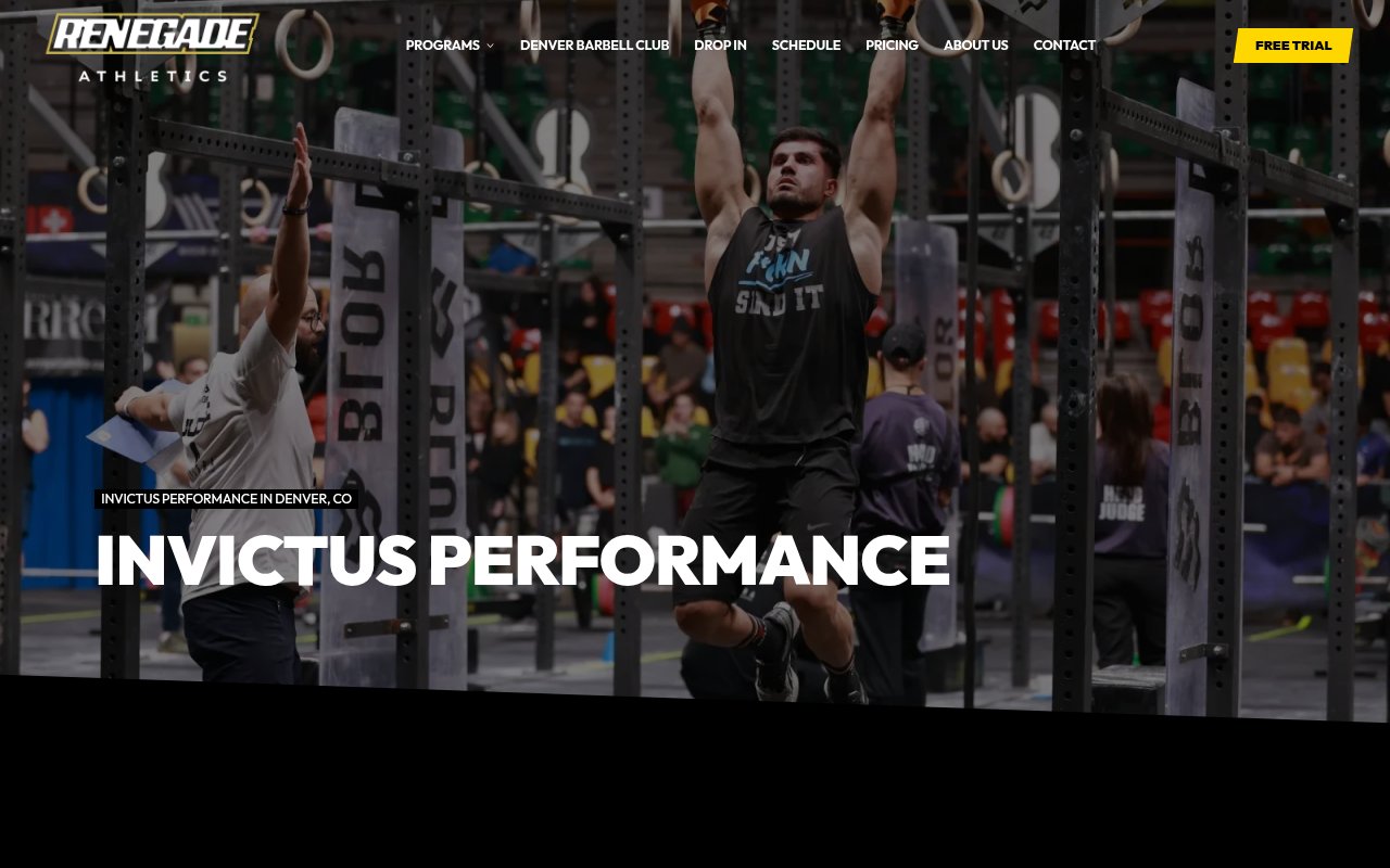 Renegade Athletics Invictus Performance program page with athlete doing ring pull-ups at competition