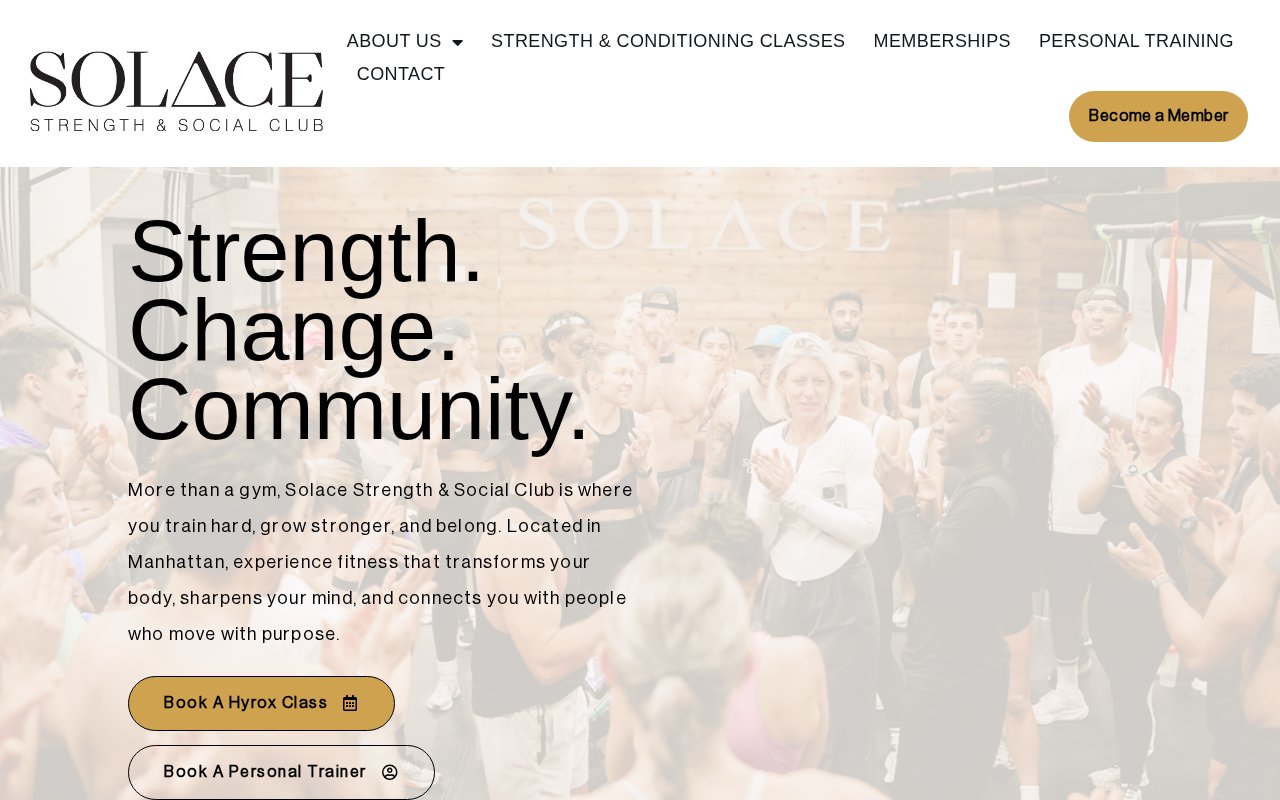 Solace Strength & Social Club homepage with 'Strength. Change. Community.' headline