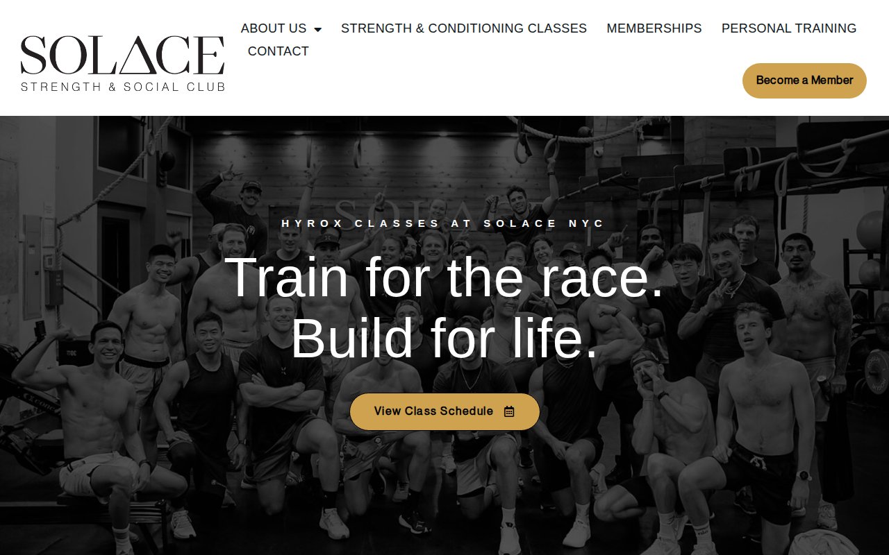 Solace HYROX classes page with training benefits and class schedule link