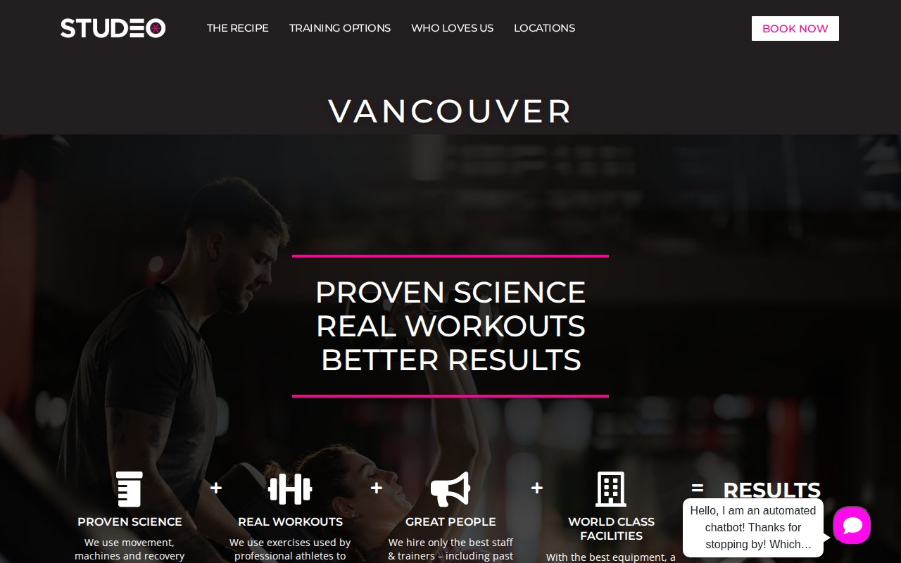 Studeo Gyms Vancouver page with training options and member testimonials