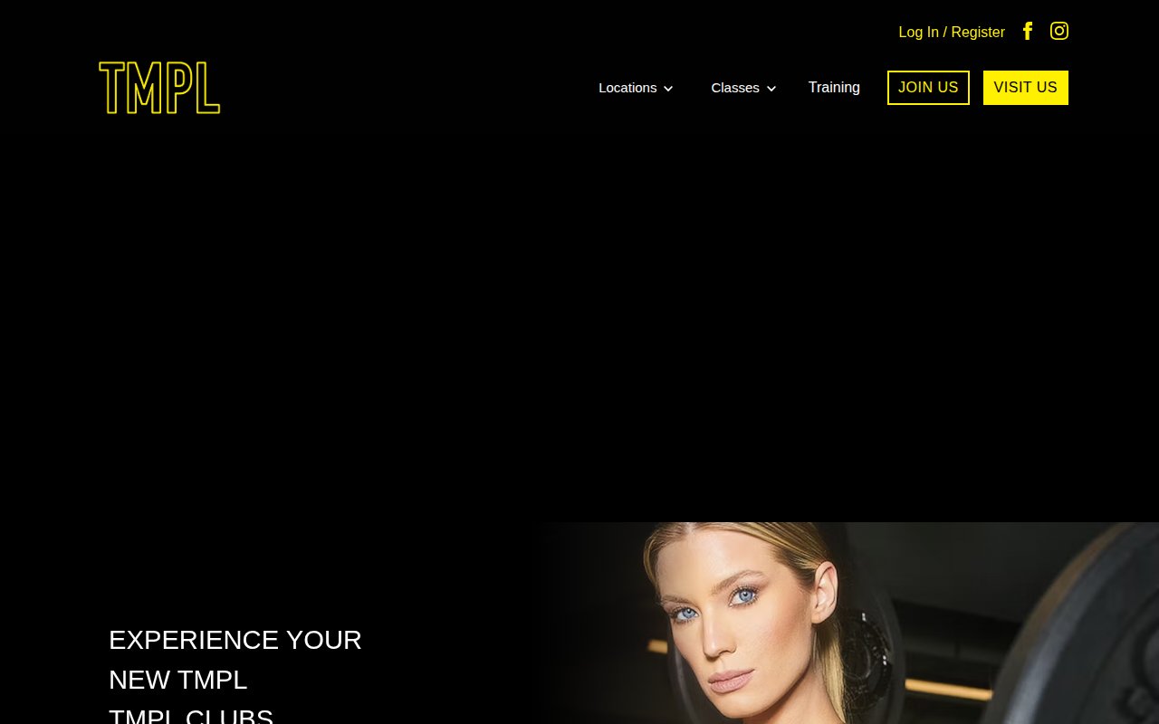 TMPL Clubs homepage with 'Experience Your New TMPL' headline and luxury gym branding