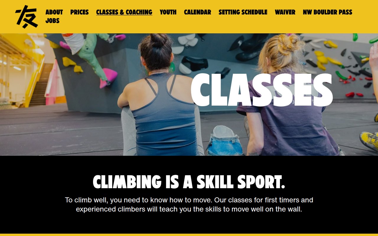 Tomo Bouldering Club classes page with two climbers watching the wall and 'Climbing is a skill sport' subhead