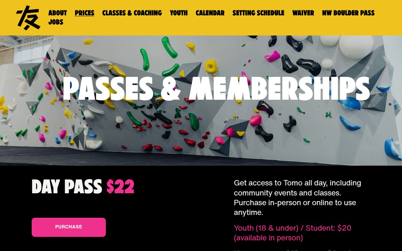Tomo Bouldering Club passes and memberships page showing $22 day pass with colorful climbing wall