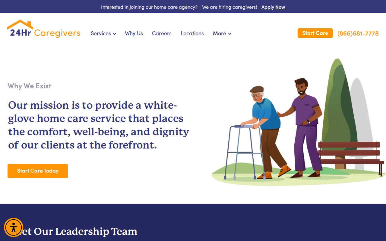 24 Hour Caregivers about page with Why We Exist mission and leadership team section