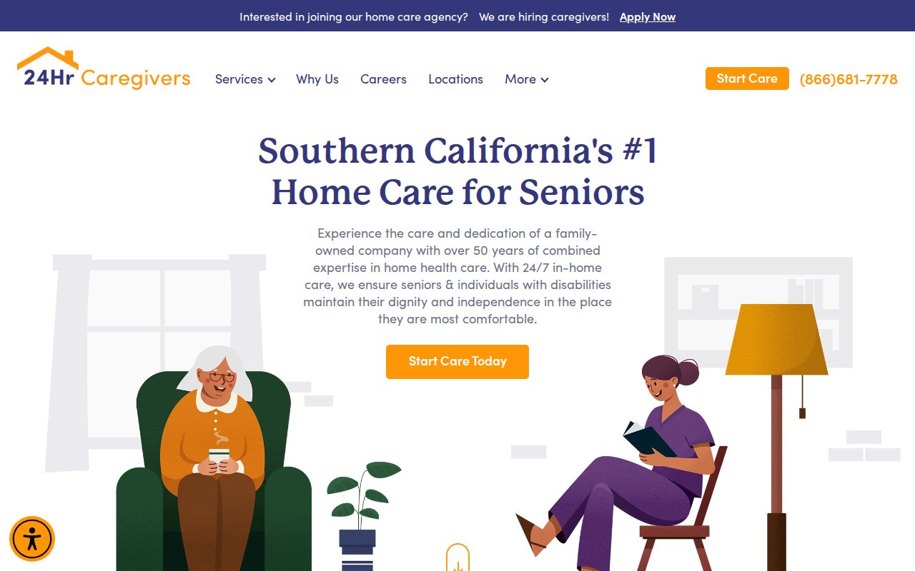 24 Hour Caregivers homepage with Southern California's #1 Home Care for Seniors hero and Start Care Today CTA