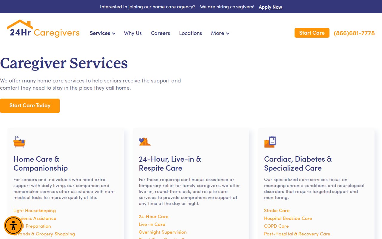 24 Hour Caregivers services page showing six care categories with sub-service listings
