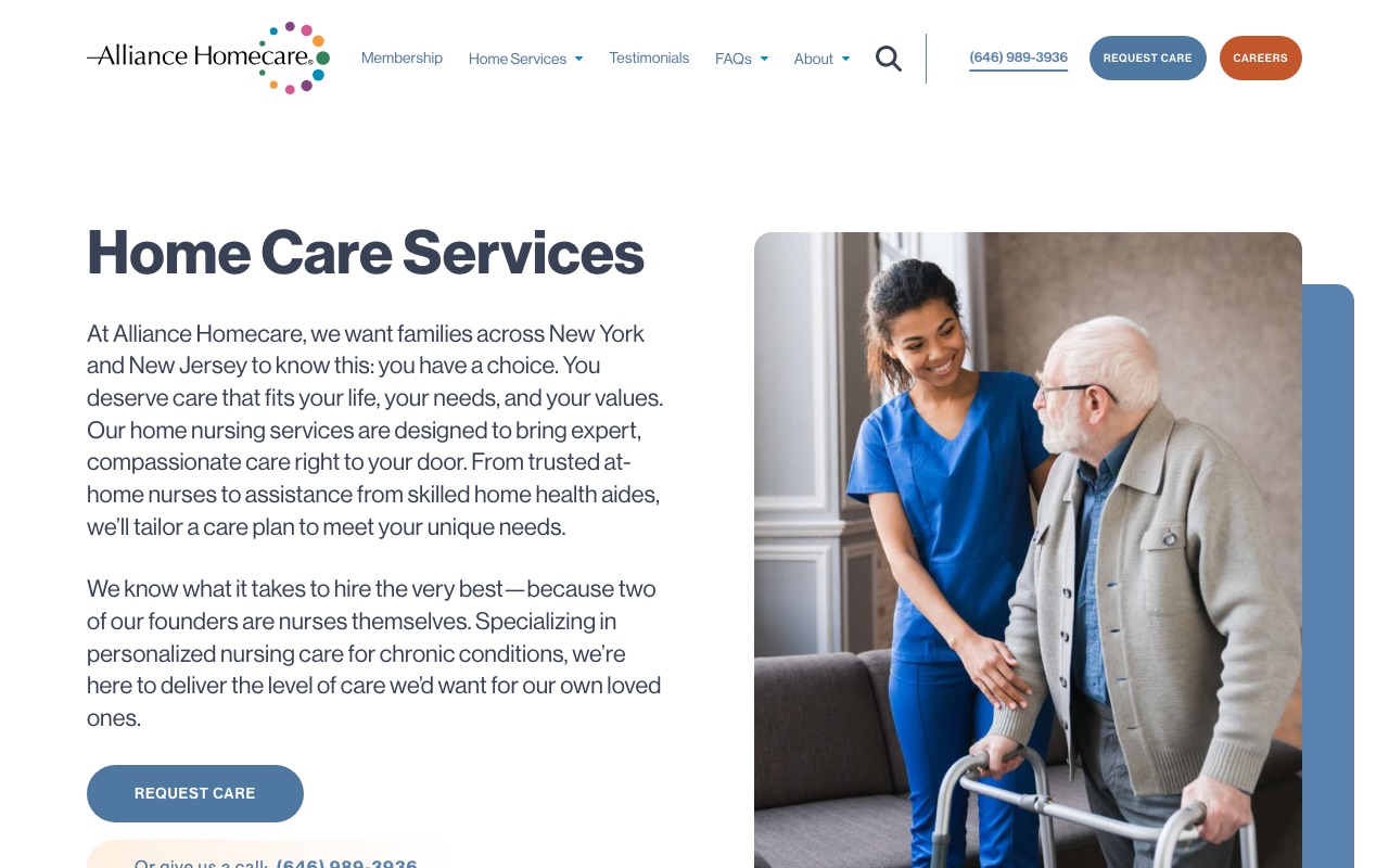 Alliance Homecare services page with nursing care descriptions