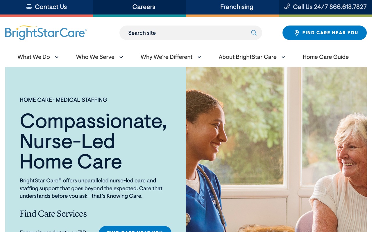 BrightStar Care homepage showing hero section with caregiver and client