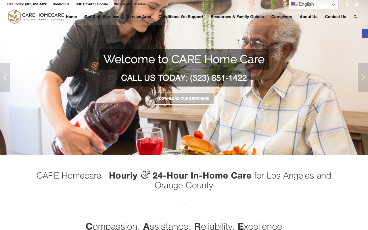 CARE Homecare homepage with hero carousel and phone number CTA