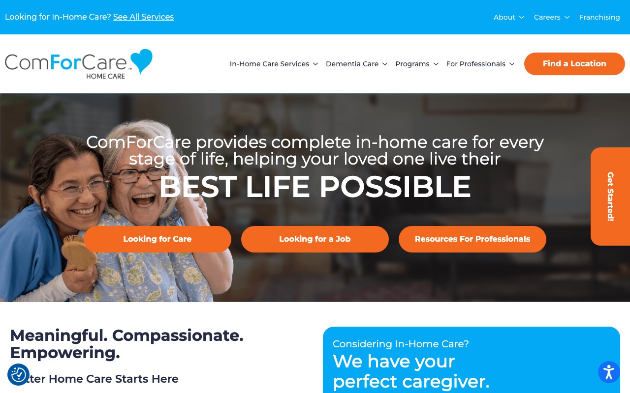 ComForCare homepage with Best Life Possible hero and three-audience CTAs
