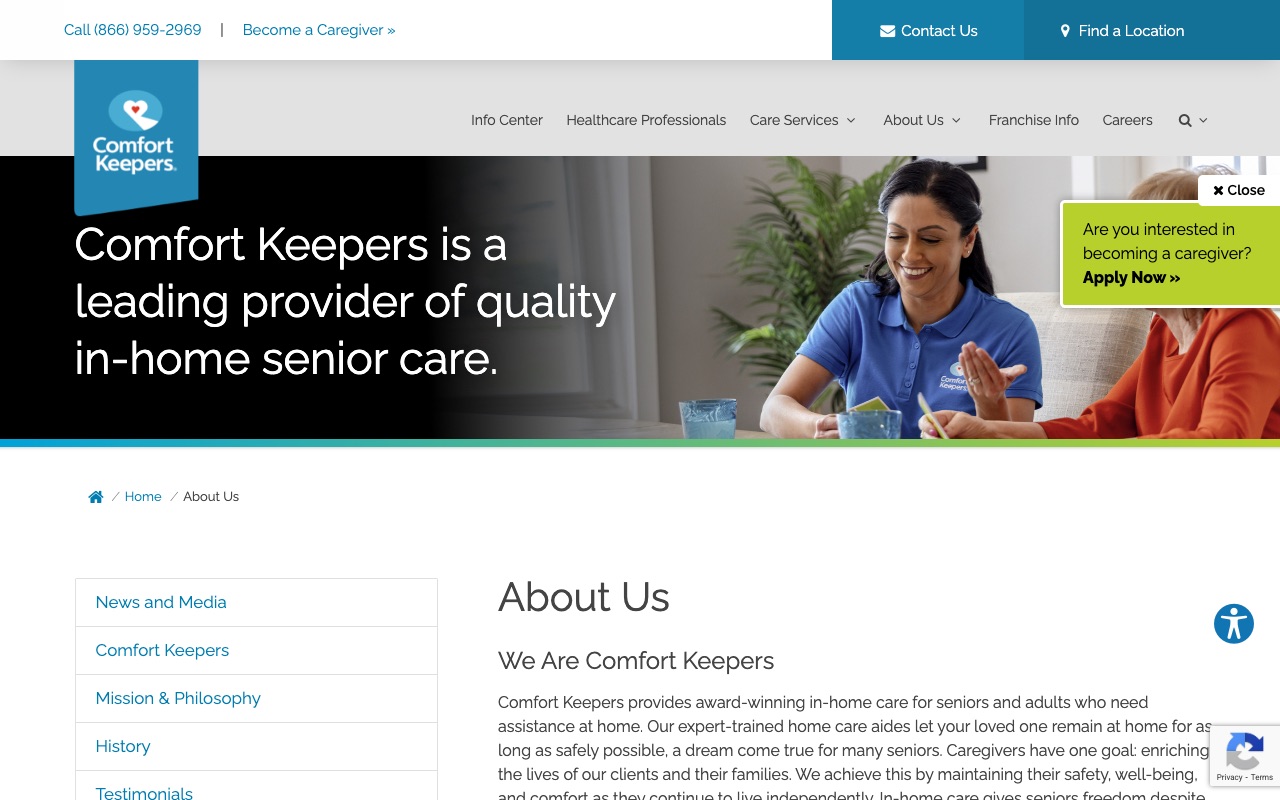 Comfort Keepers about page with company mission and history
