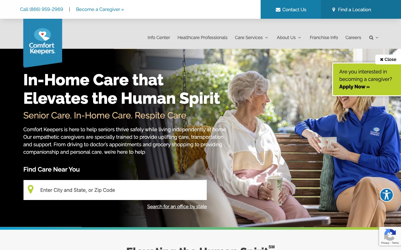 Comfort Keepers homepage with Elevating the Human Spirit tagline and ZIP code finder