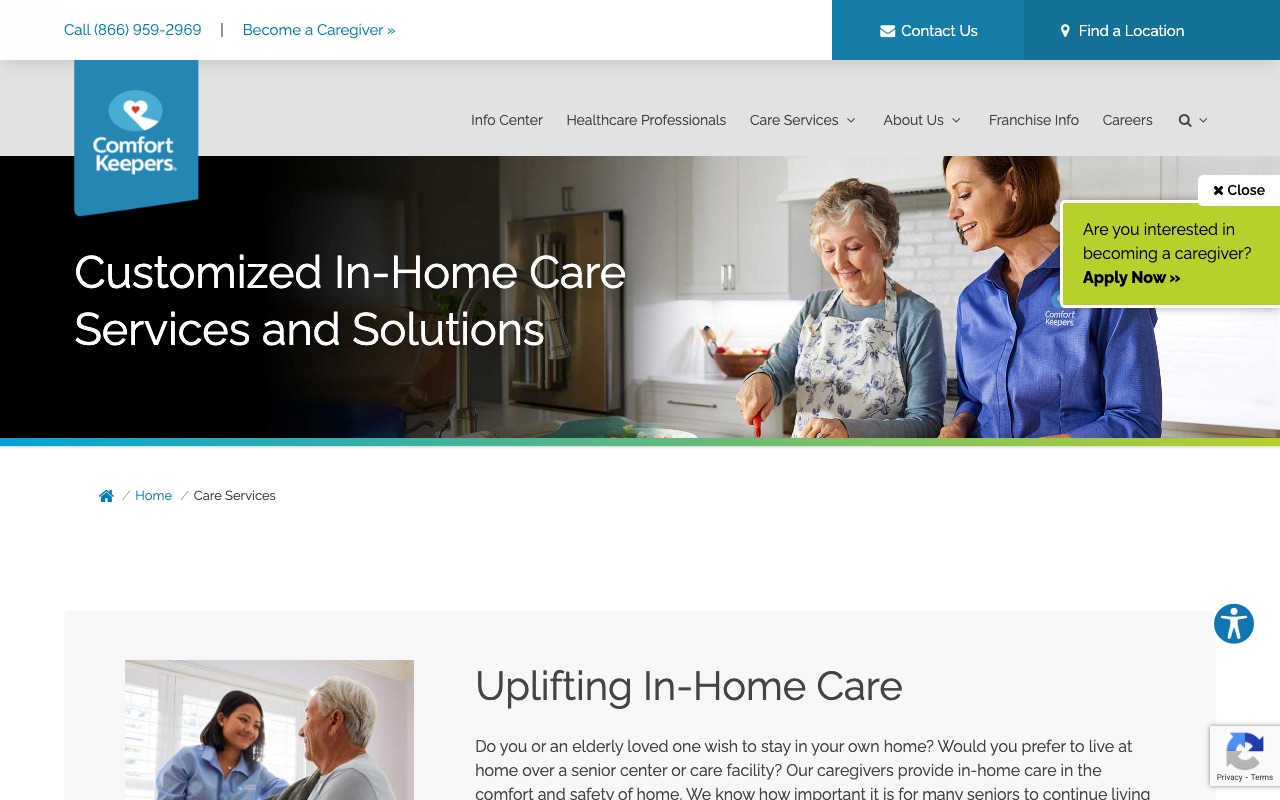 Comfort Keepers care services page with service descriptions