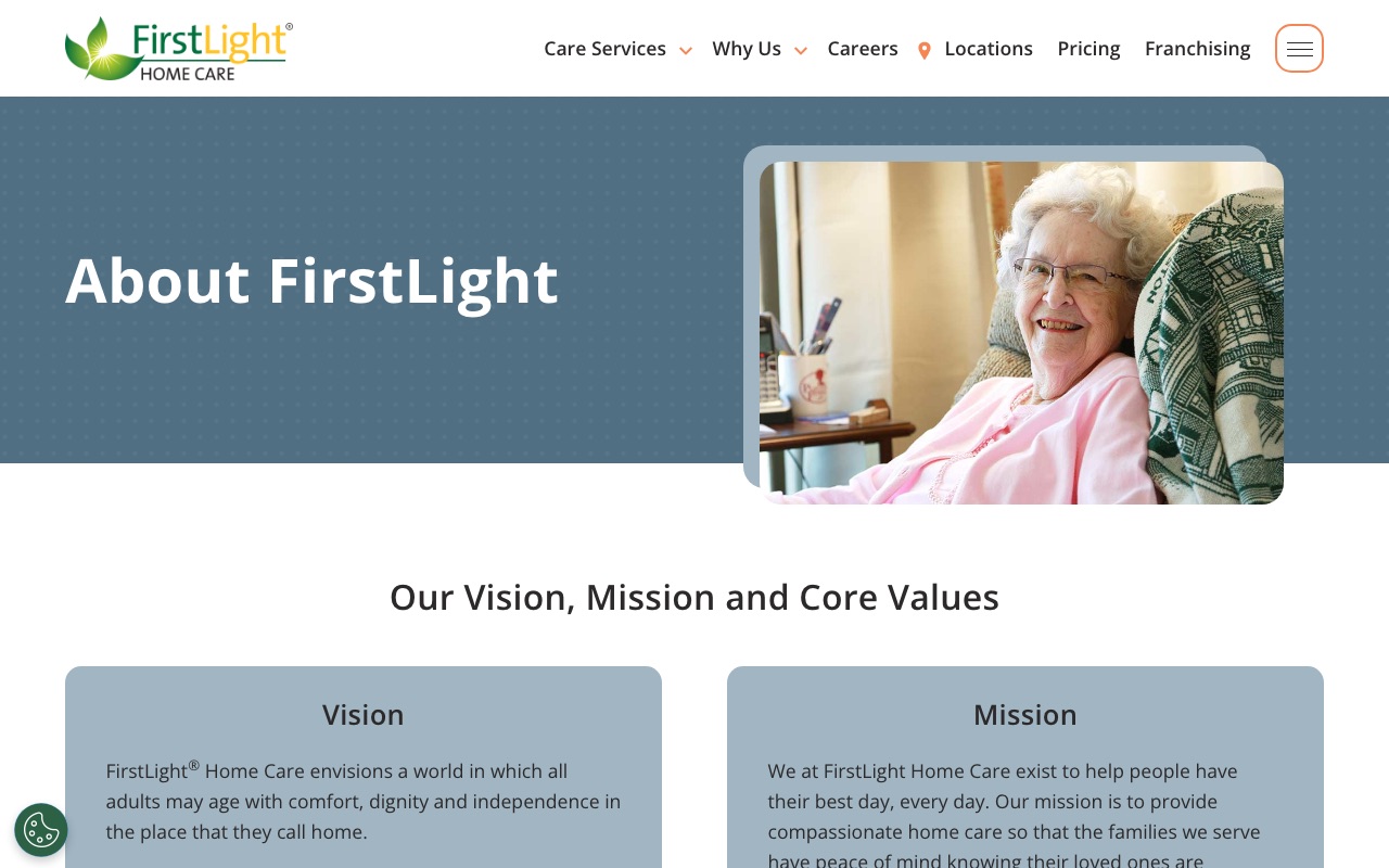 FirstLight Home Care about page with vision and mission statements