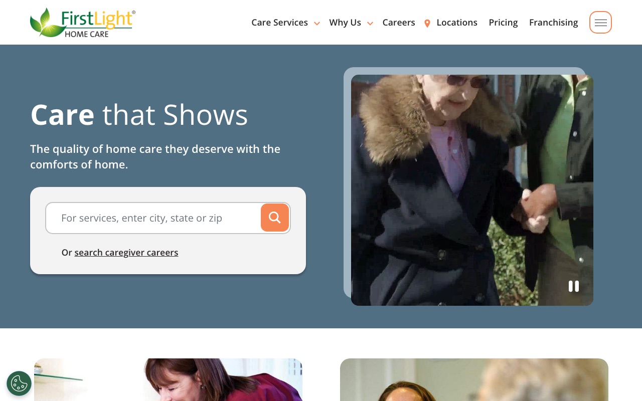 FirstLight Home Care homepage with Care that Shows hero and location search