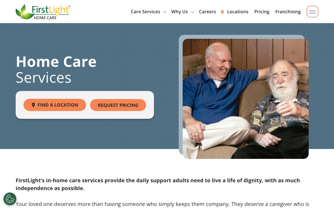 FirstLight Home Care services page with care categories