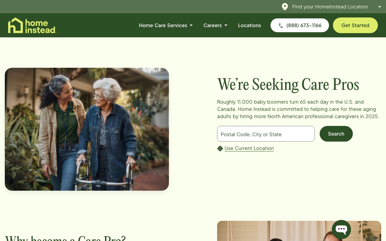 Home Instead careers page for caregivers