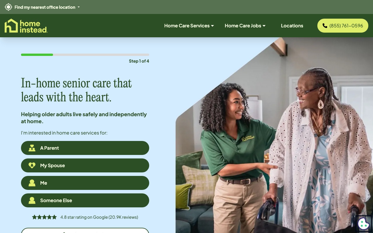 Home Instead homepage with family-focused imagery