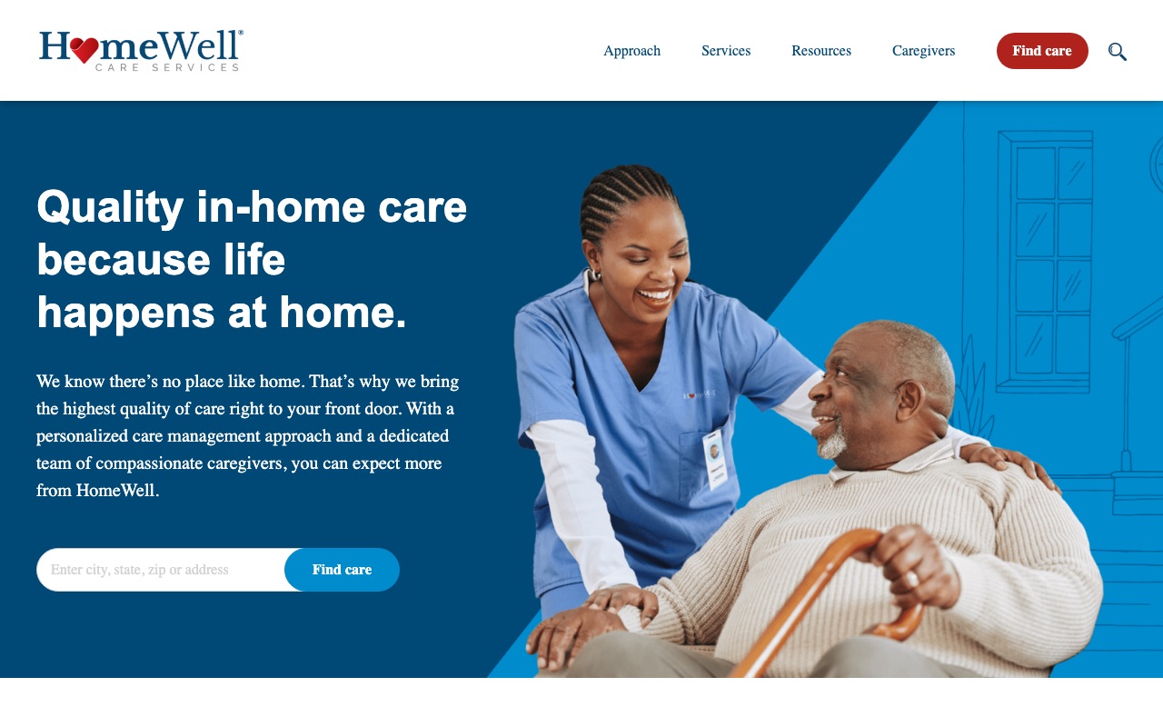 HomeWell Care Services homepage with location finder and caregiver imagery