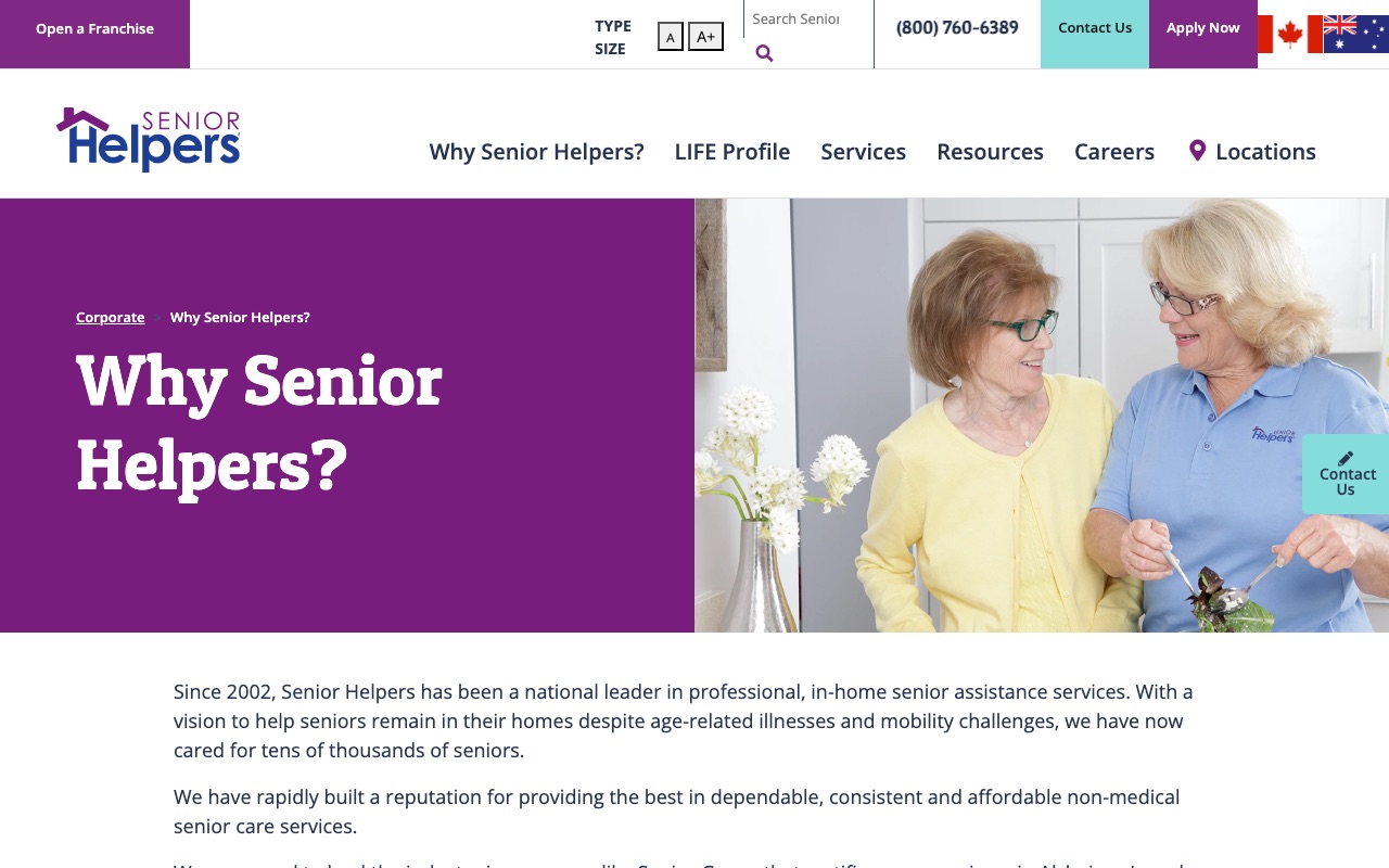 Senior Helpers Why Senior Helpers page with company background