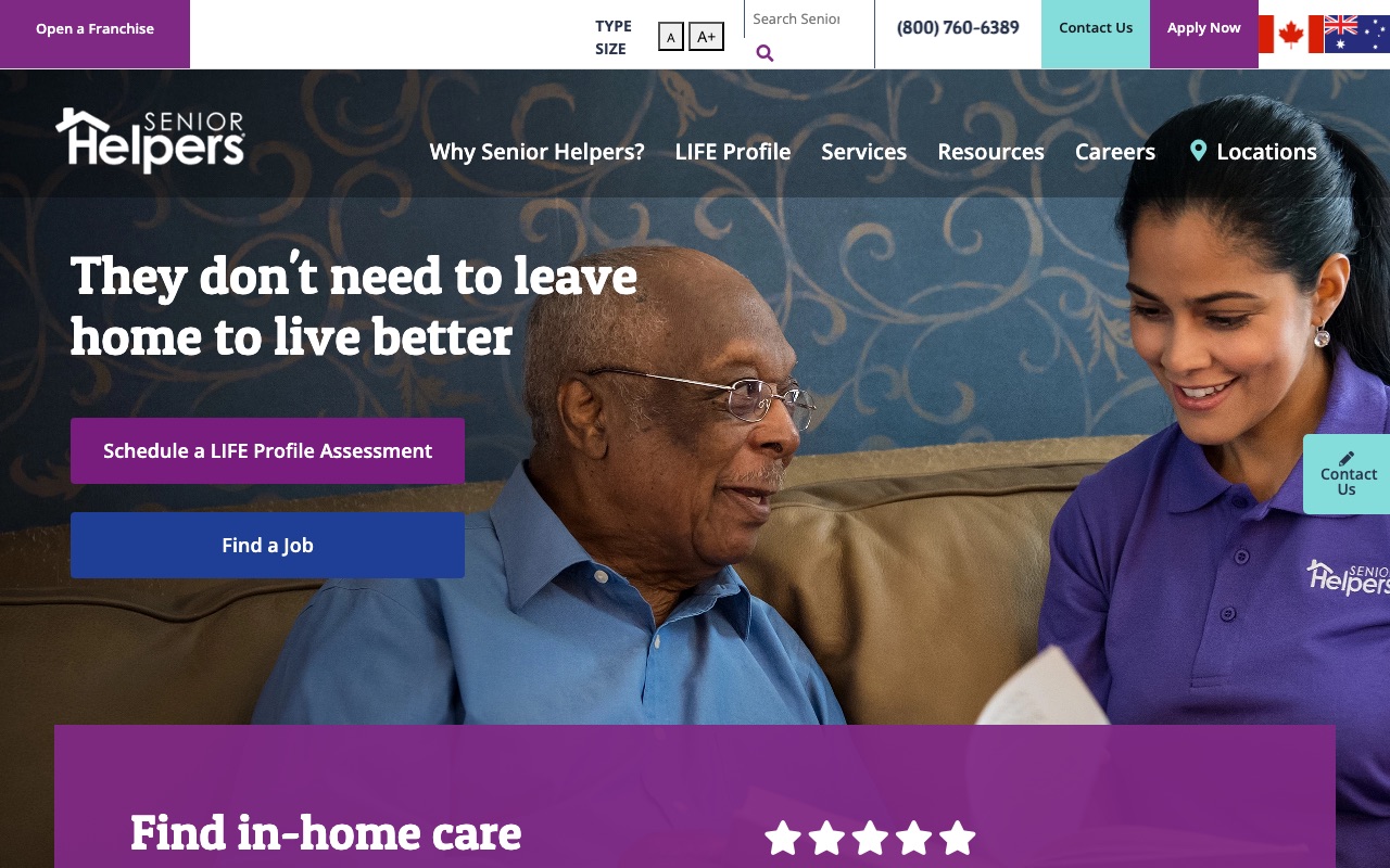Senior Helpers homepage with LIFE Profile Assessment CTA and caregiver imagery