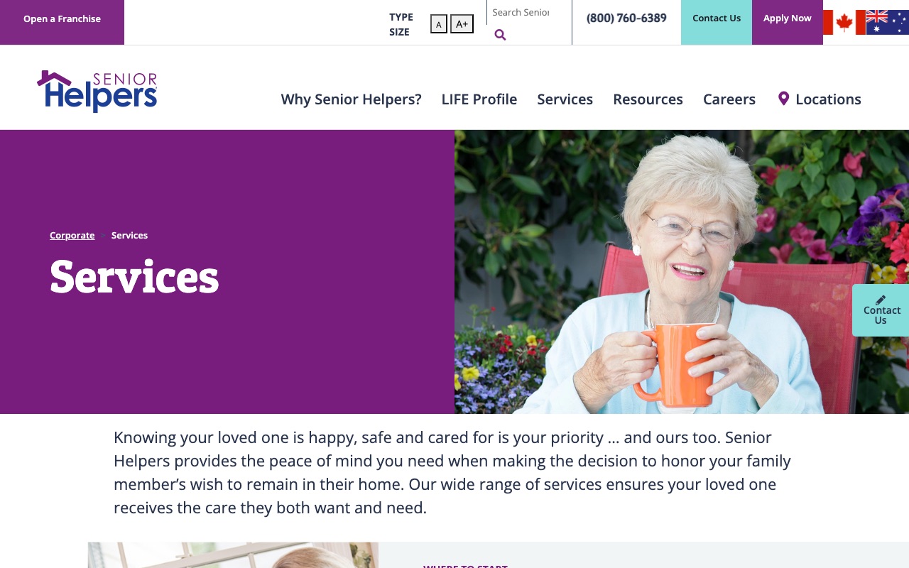 Senior Helpers services page with care categories