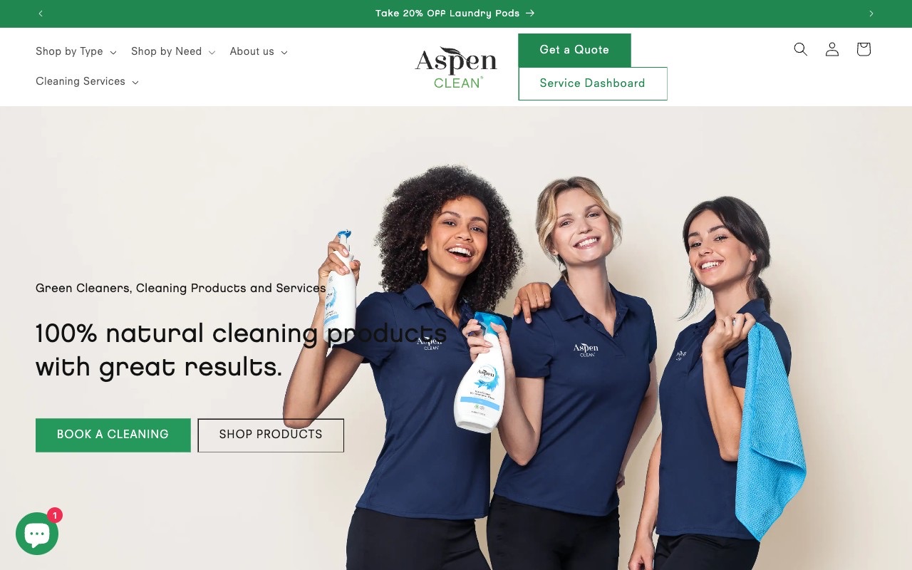 AspenClean homepage with Book a Cleaning CTA, eco-certification badges, and founder video section