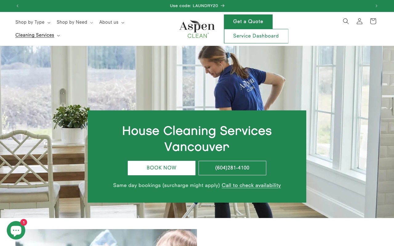 AspenClean Vancouver location page with local phone number, named testimonials, and service area details