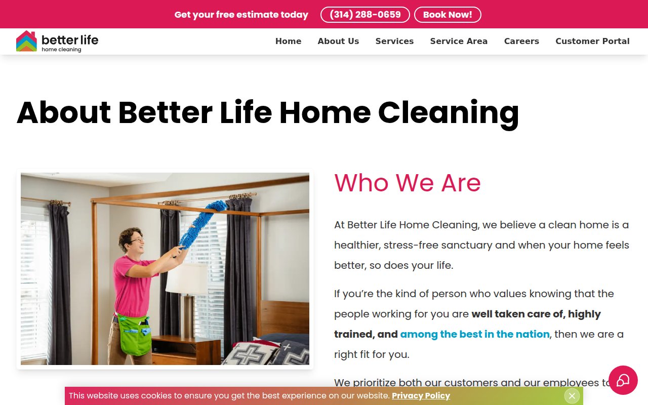 Better Life Home Cleaning about page featuring founder Angela Ricketts, Cleaning For A Reason partnership, and team photos