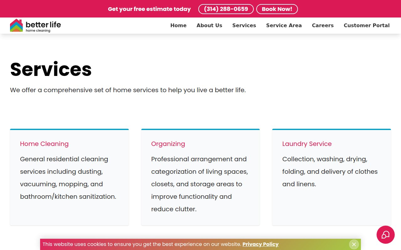Better Life Home Cleaning services page showing cleaning categories with Book Now CTAs