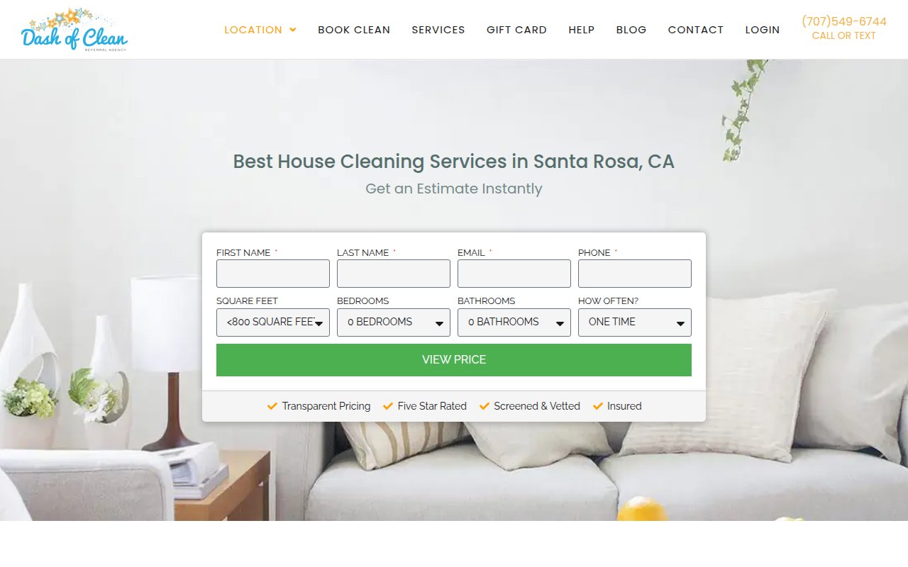 Dash of Clean homepage with Get an Estimate Instantly form requesting square footage, bedrooms, and cleaning frequency