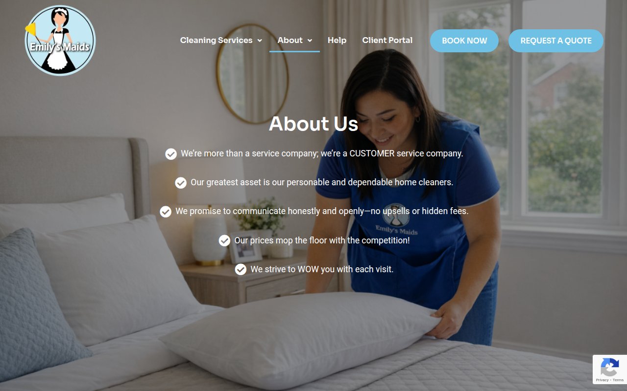 Emily's Maids about page with founder message section and selective 1 to 3 percent hiring rate claim