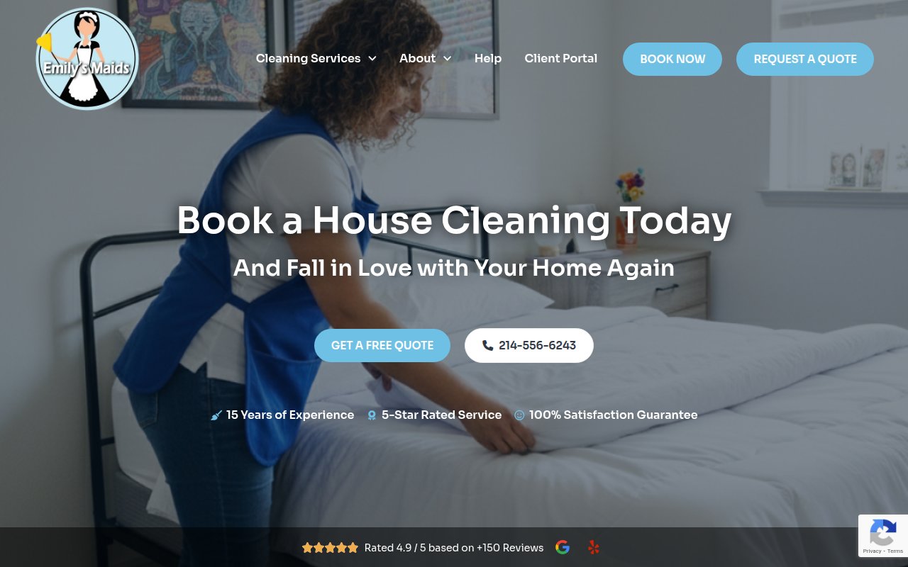 Emily's Maids homepage with Book Now CTA, 4.9 out of 5 Google rating badge, and CBS DFW media feature